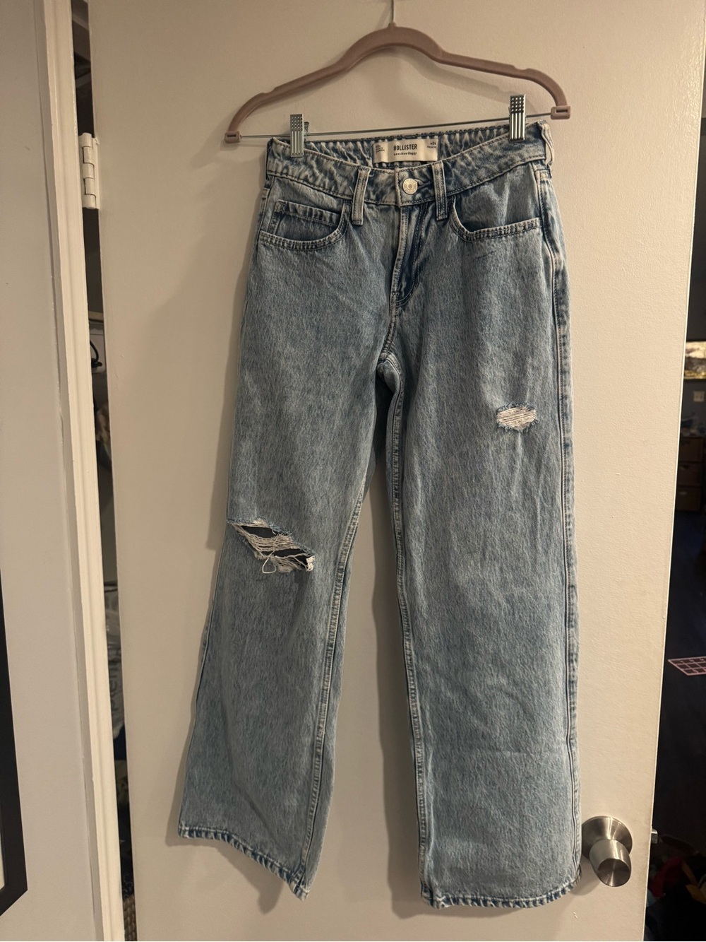 Hollister Low-Rise Baggy Jeans Light Blue Wash Size 00R W24 Y2K Wide Leg Denim